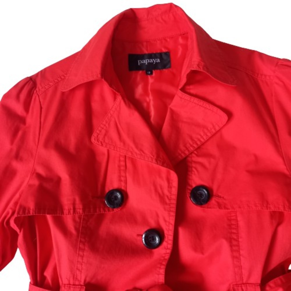 Size 12 Red Mid Thigh Length Belted Trench Coat - Picture 2 of 10